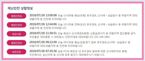 7월 26일 재난안전 상황 정보(자료출처:국민재난안전포털)